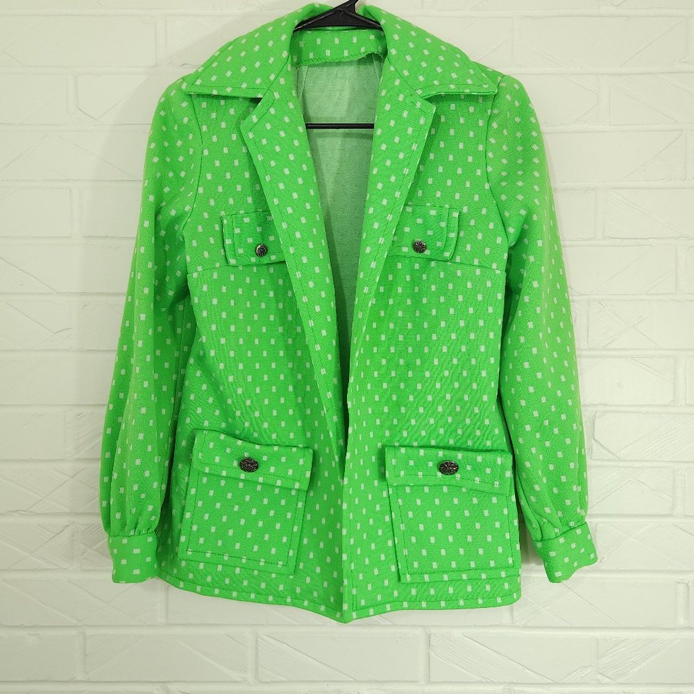 Vintage Electric Green White Polka Dots Open Front Jacket Poly Knit Homemade?
